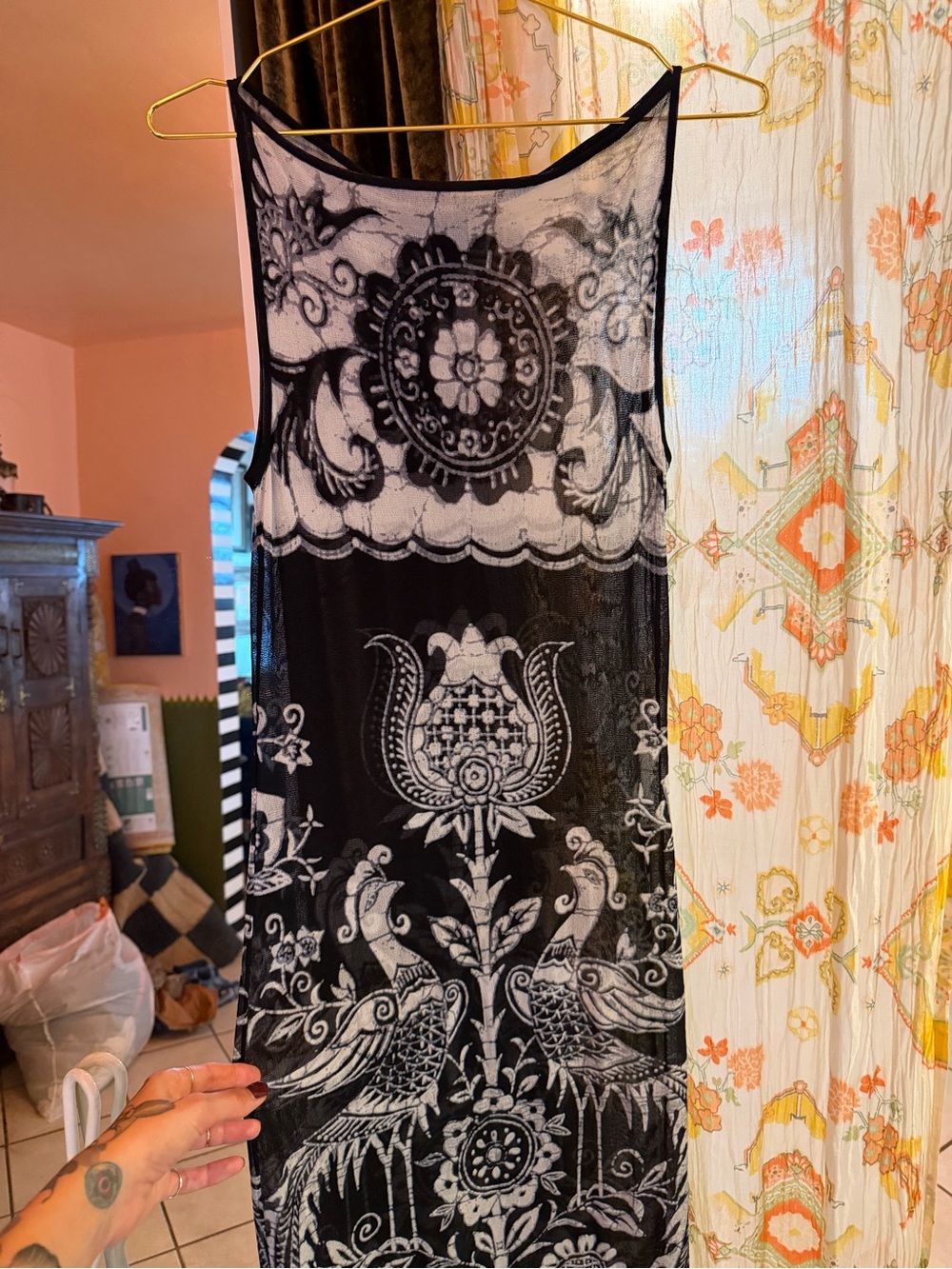 Vintage Vivienne Tam Black & White Ornamental Mesh Maxi Dress